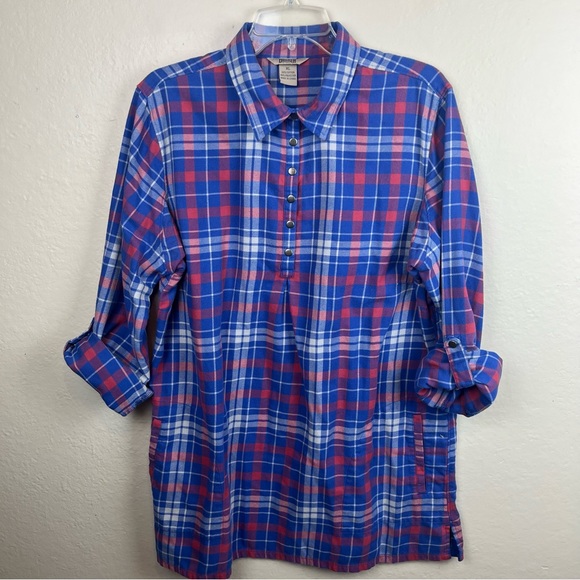 Duluth Trading plaid flannel tunic shirt in muted blue/wht/pink-Woman’s XL - Picture 1 of 11